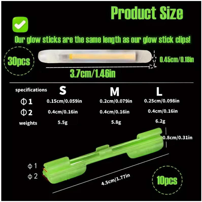 40pcs/Set Night Fishing Luminous Sticks with Accessories, 30pcs Glow Stick and 10pcs Glow Clip Kit