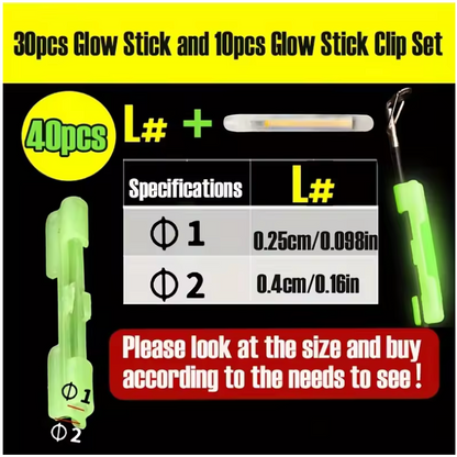 40pcs/Set Night Fishing Luminous Sticks with Accessories, 30pcs Glow Stick and 10pcs Glow Clip Kit